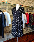 Athas - Black Jersey Ditsy Print Dress, semifitted with crossover bodice, cotton and lycra, floral pattern