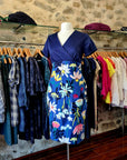 Dhá Thonn - Contrast Floral Dress, cotton and lycra, blue bodice and floral print skirt