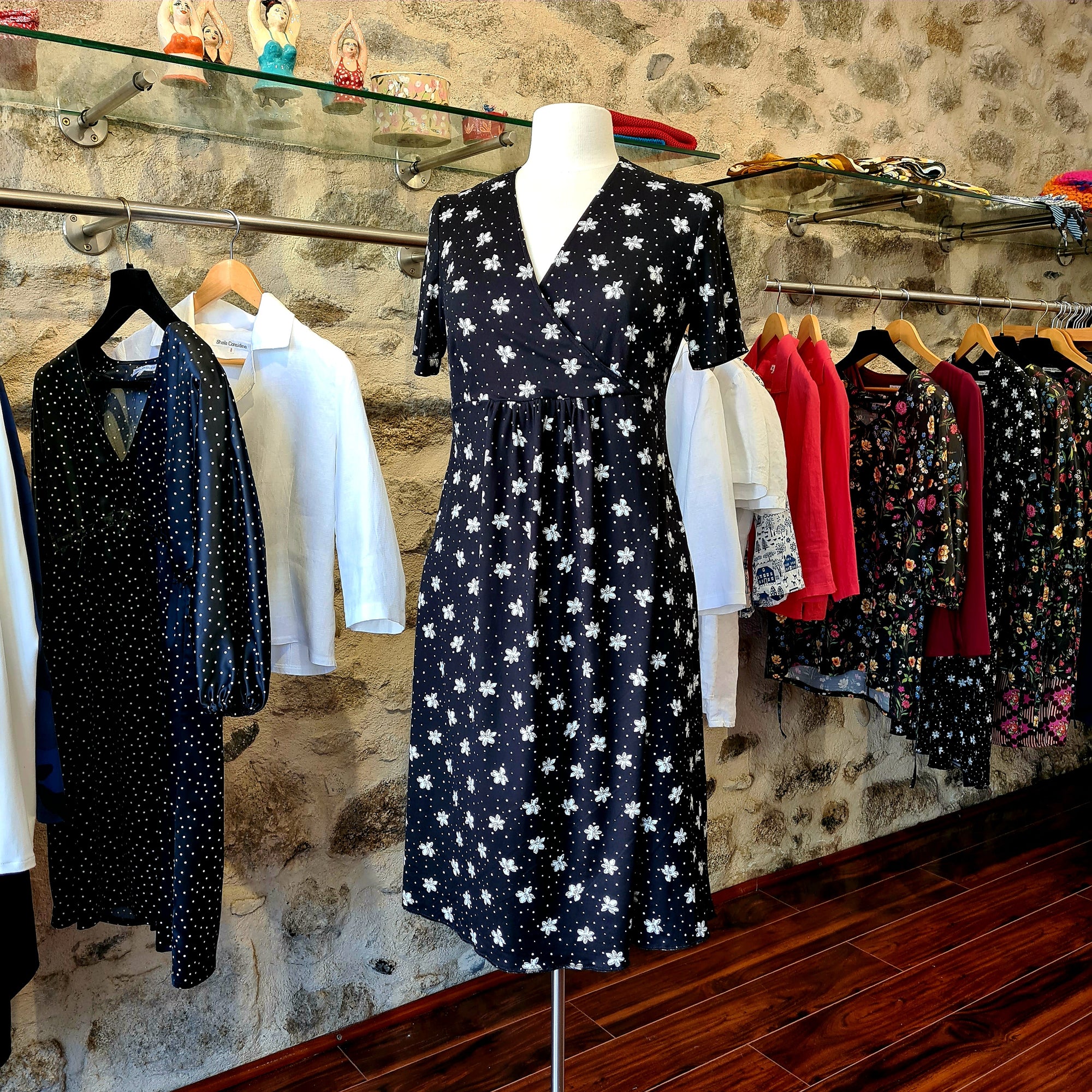 Athas - Black Jersey Ditsy Print Dress,  semifitted with crossover bodice, cotton and lycra, floral pattern 