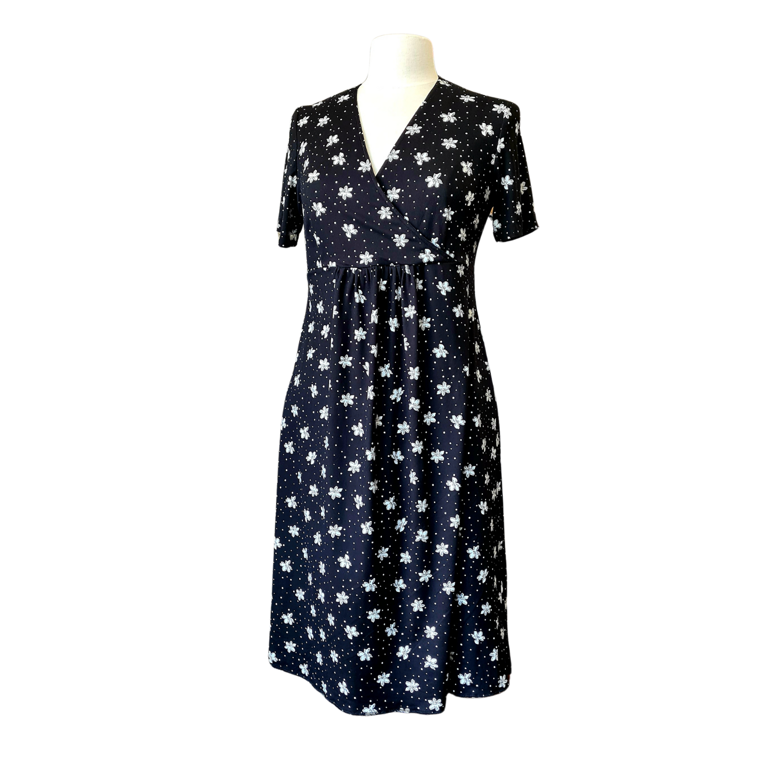 Athas - Black Jersey Ditsy Print Dress,  semifitted with crossover bodice, cotton and lycra, floral pattern 