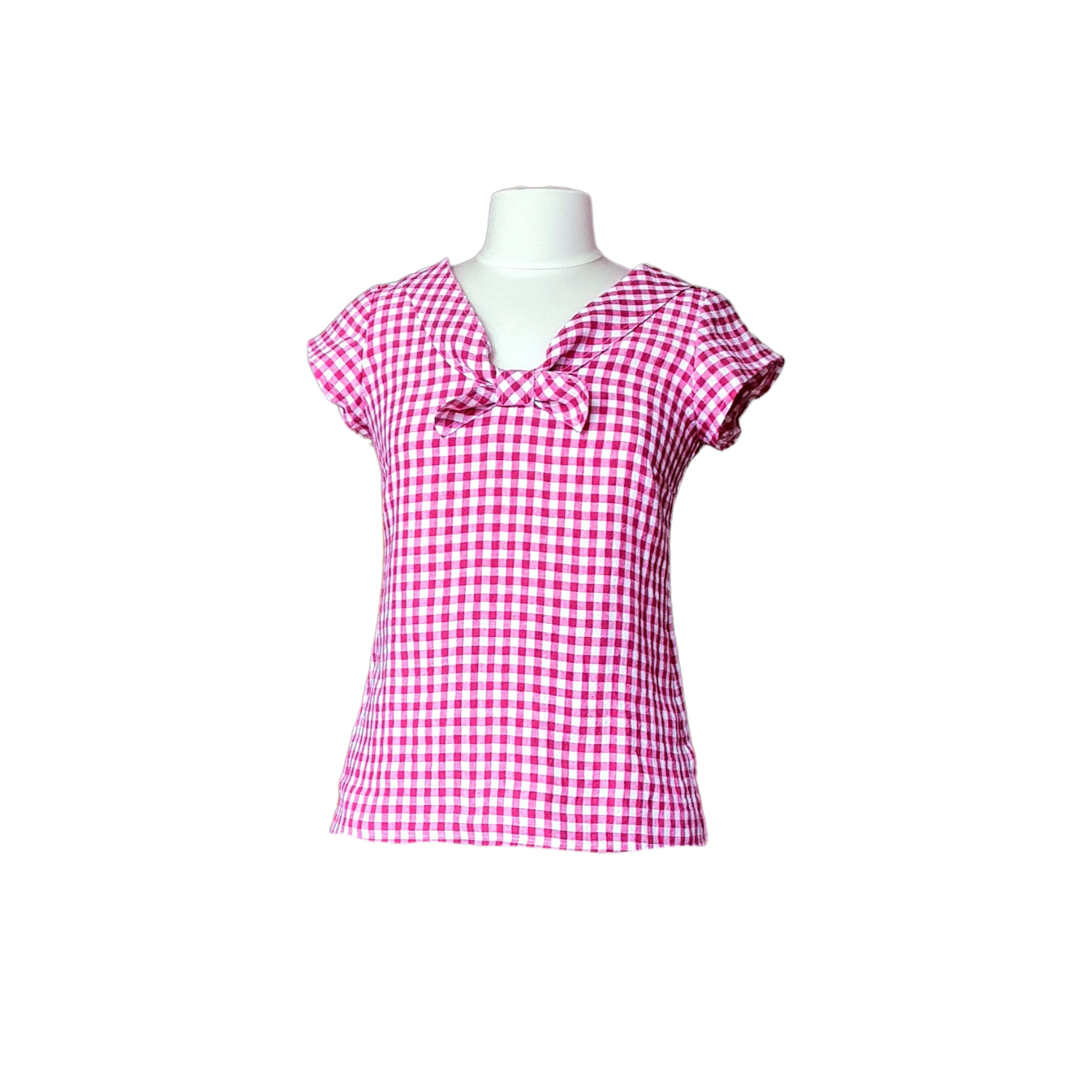 women linen sleeveless top, short sleeves. gingham pink