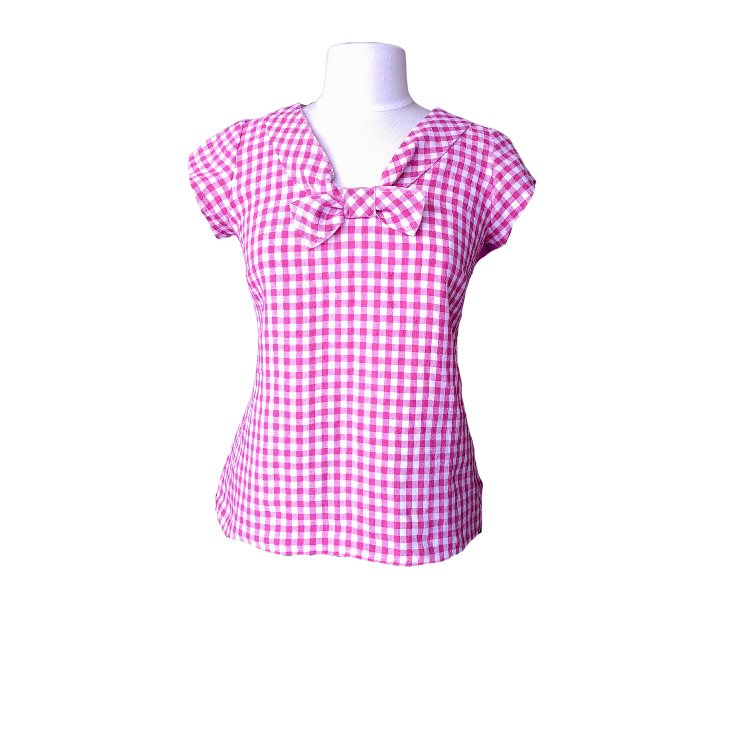 women linen sleeveless top, short sleeves. gingham pink