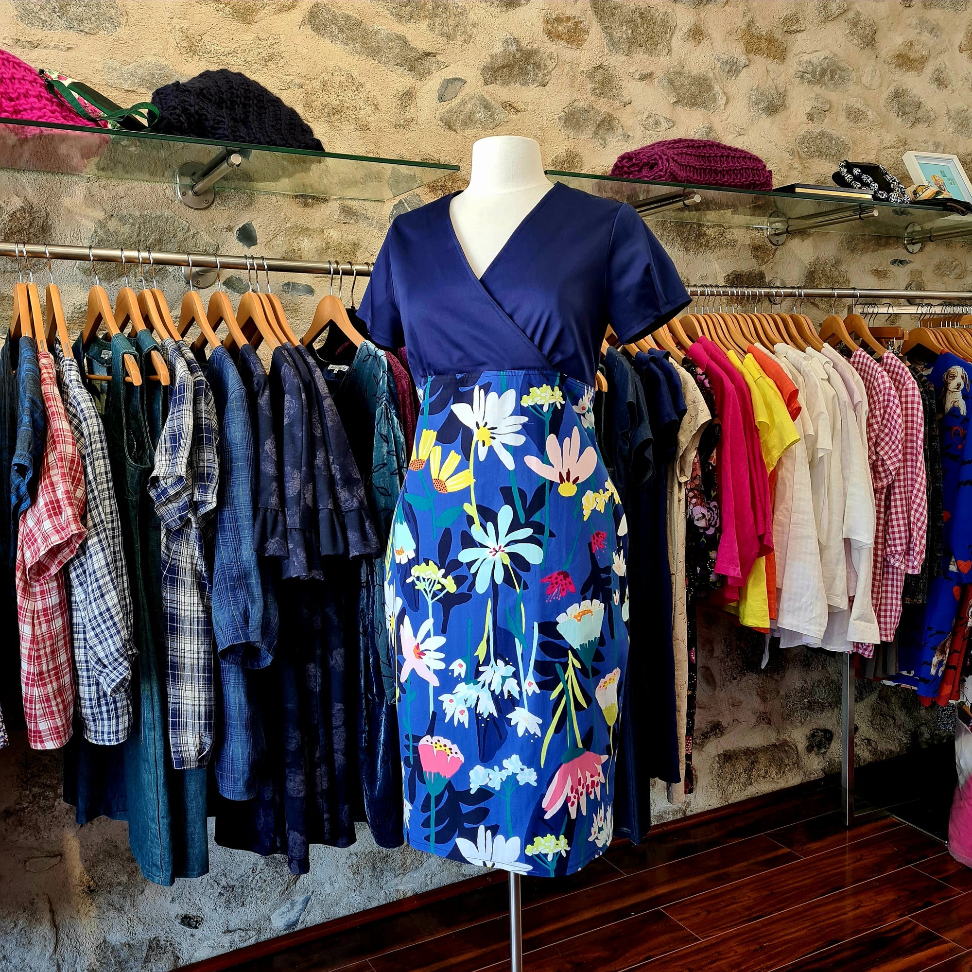 Dhá Thonn - Contrast Floral Dress, cotton and lycra, blue bodice and floral print skirt