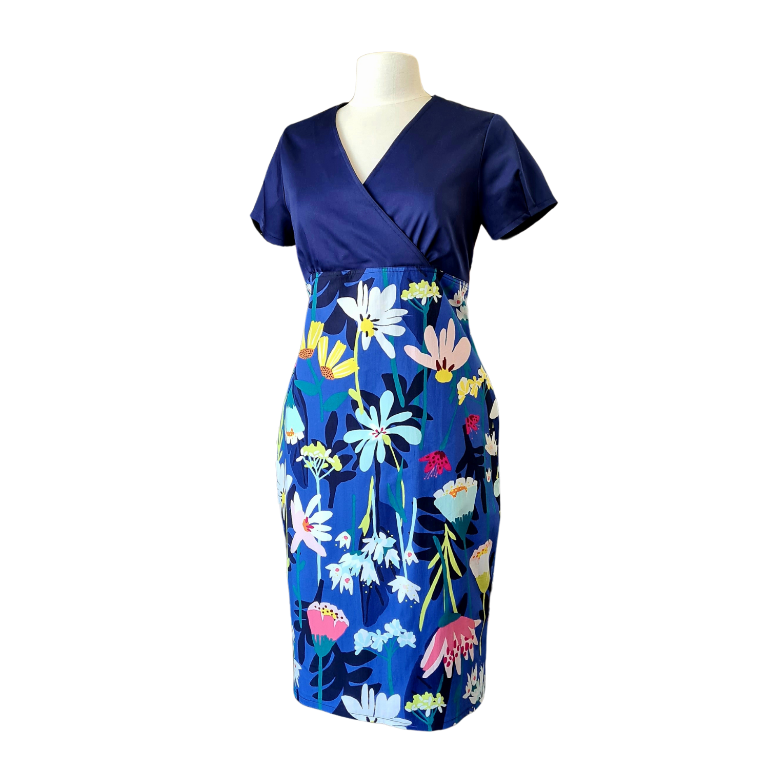 Dhá Thonn - Contrast Floral Dress, cotton and lycra, blue bodice and floral print skirt