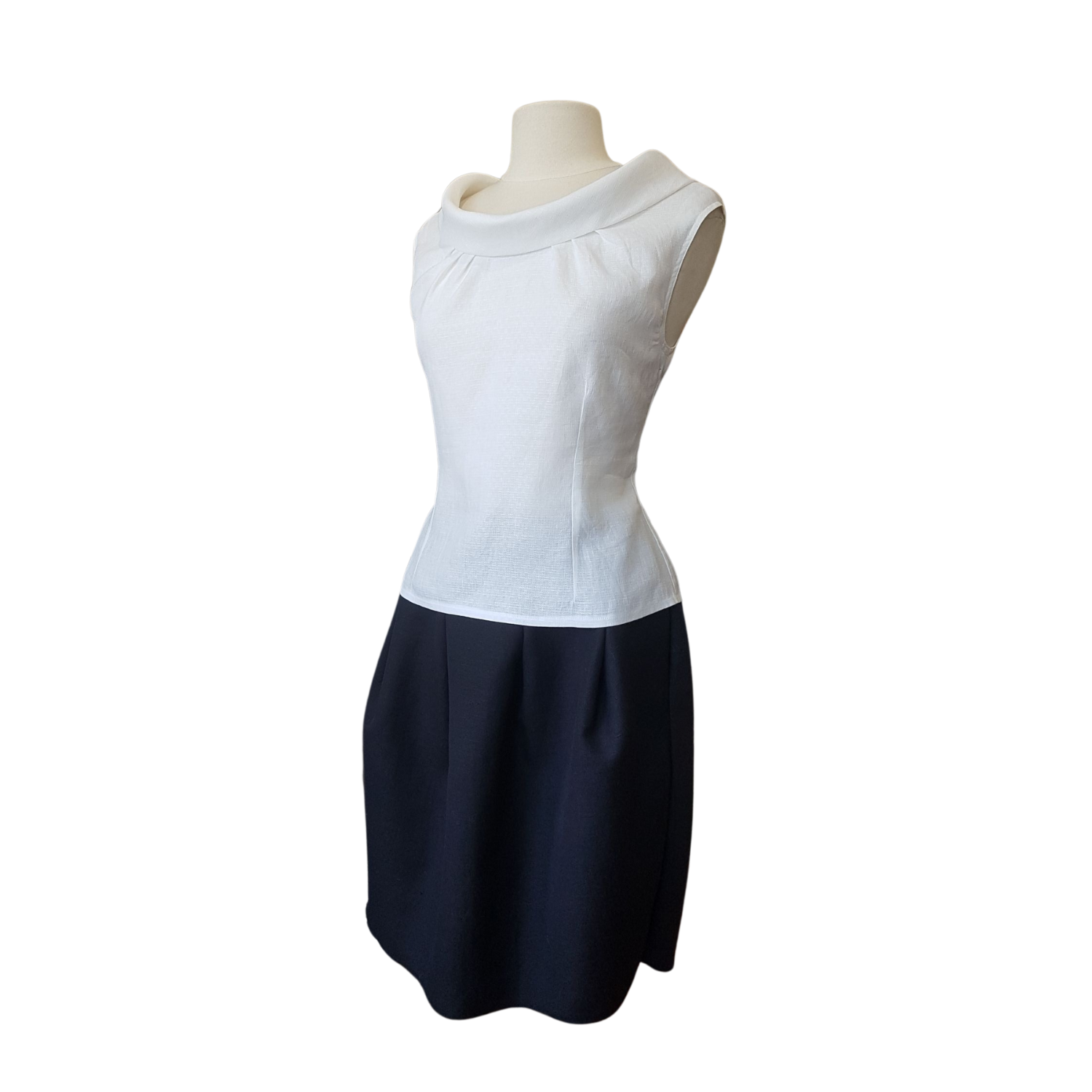 Sleeveless white linen women  top with wide cowl neck