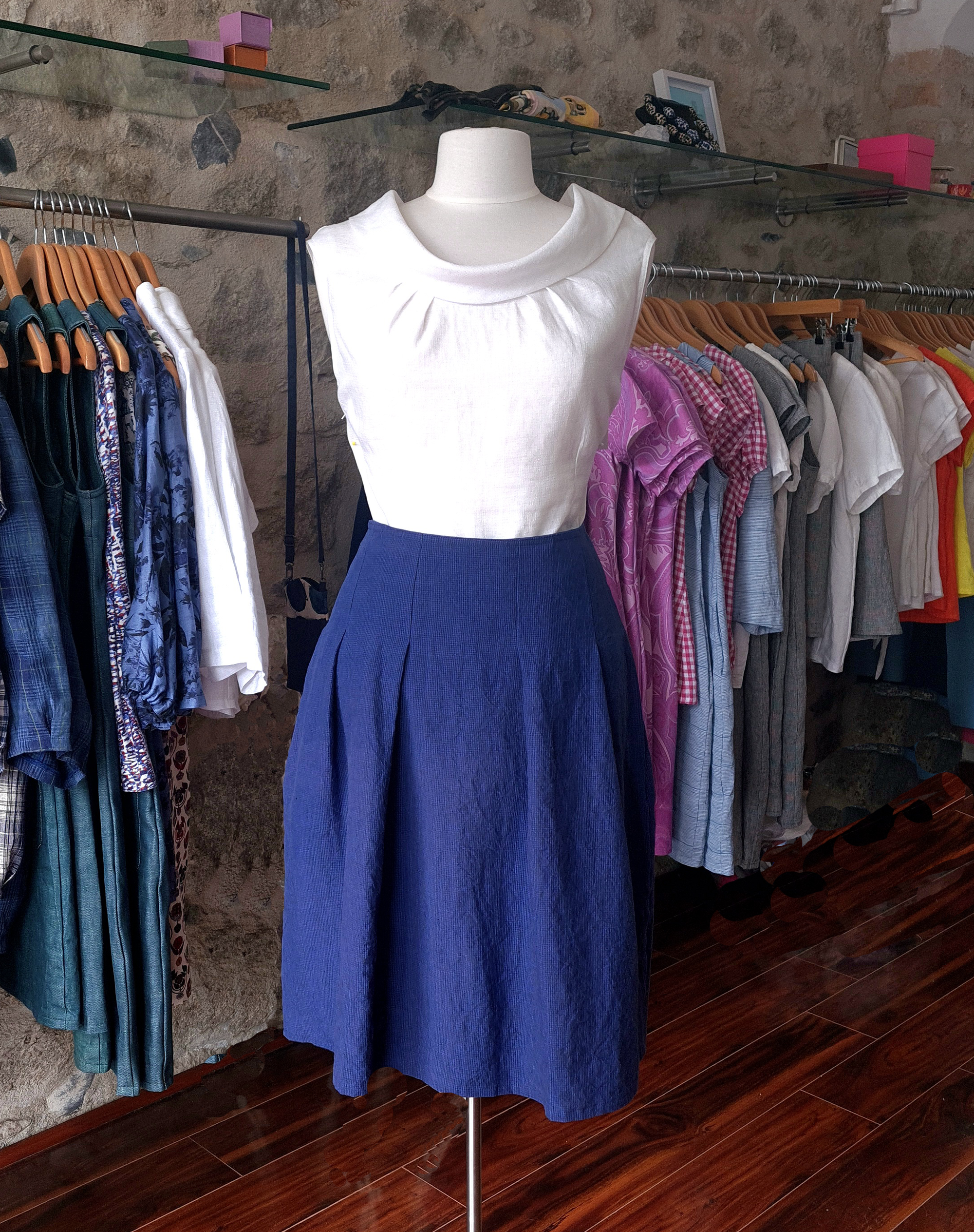 linen pleated blue skirt