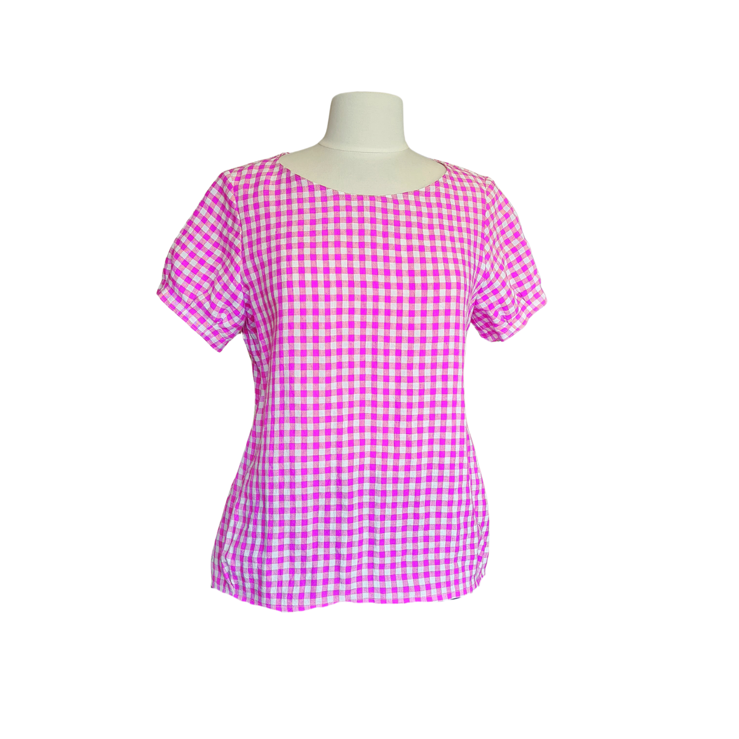 Poirín - Pink Gingham Round-Neck Top, short sleeves