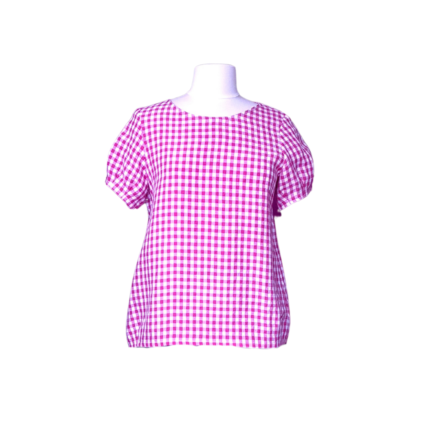 Poirín - Pink Gingham Round-Neck Top, short sleeves