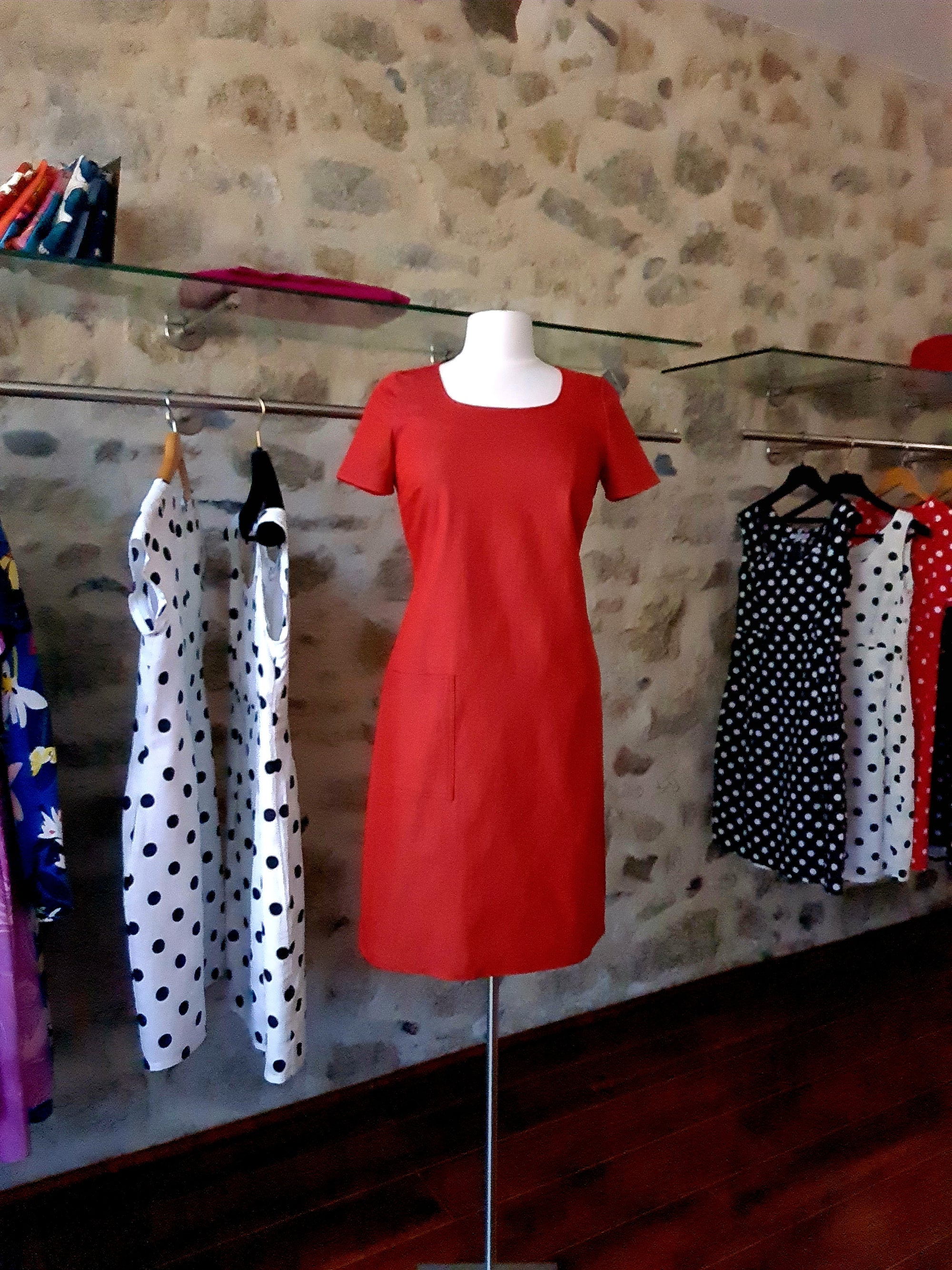 Dóchas - Denim Semi-Fitted Red Dress, Cotton and lycra mix, Dressy daywear or smart casual